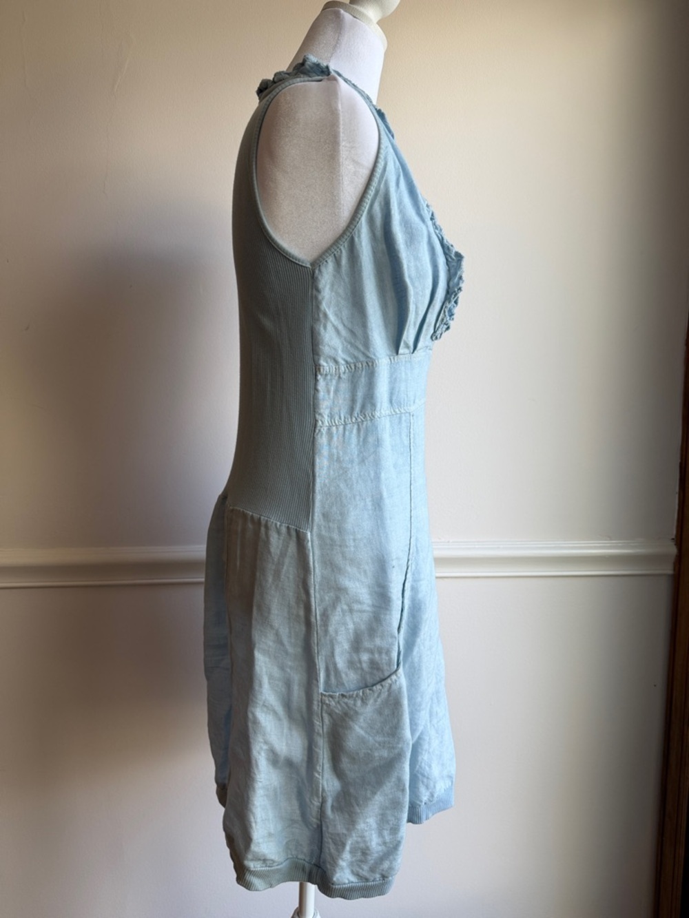 Made in Italy  Distressed Look Blue Balloon Triple Ruffle Top Dress S/M EUC - Picture 6 of 10